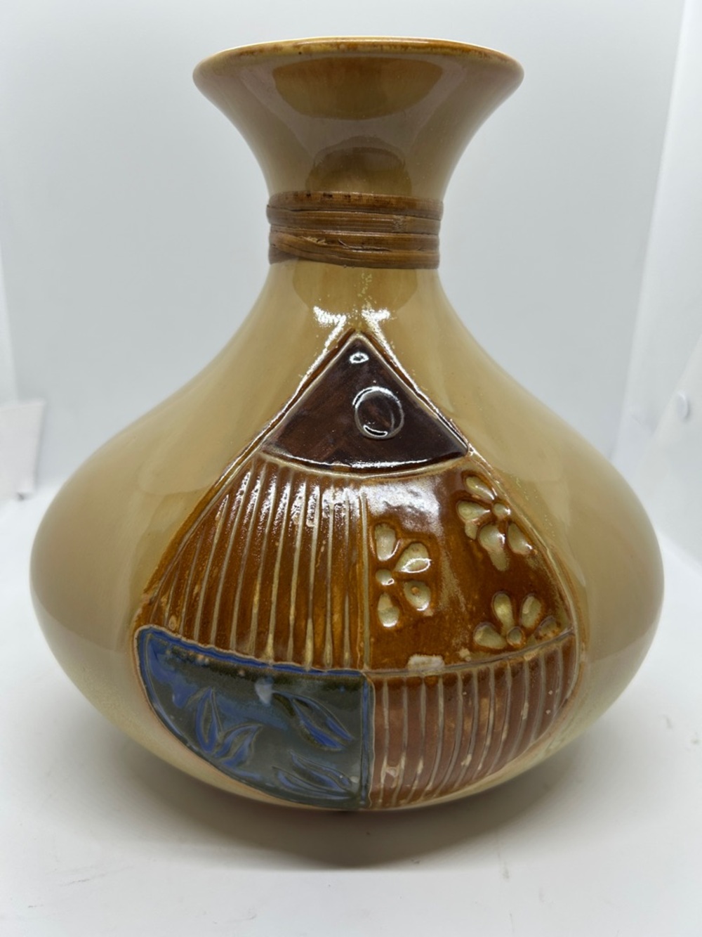Vase Beige W/blue & Brown Flowers & Stripes Artwork On 2 Sides Unknown Origin